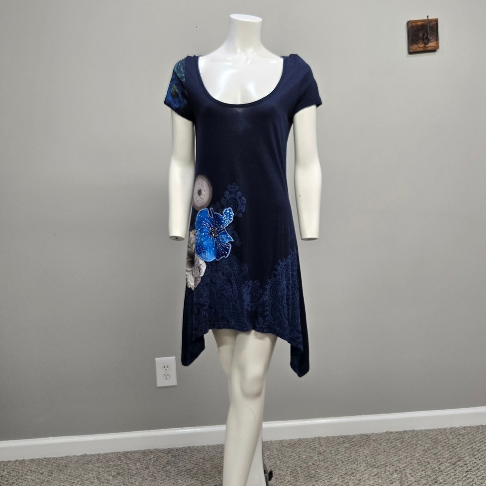 Desigual Mini Dress Large Floral Asymmetrical Boho Art To Wear Y2K‎ Embellished